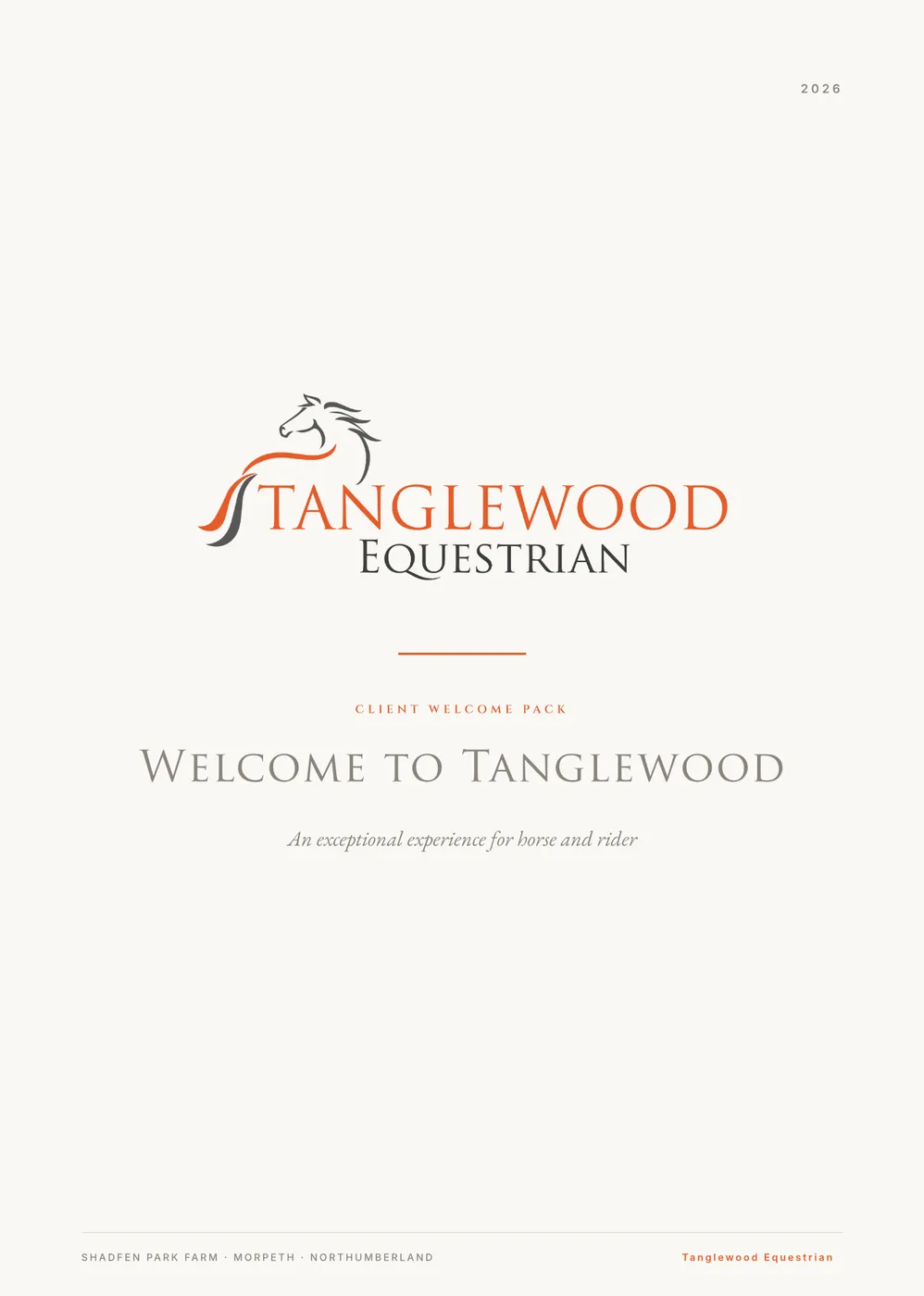 The Tanglewood Equestrian welcome book cover: horse-head monogram on cream