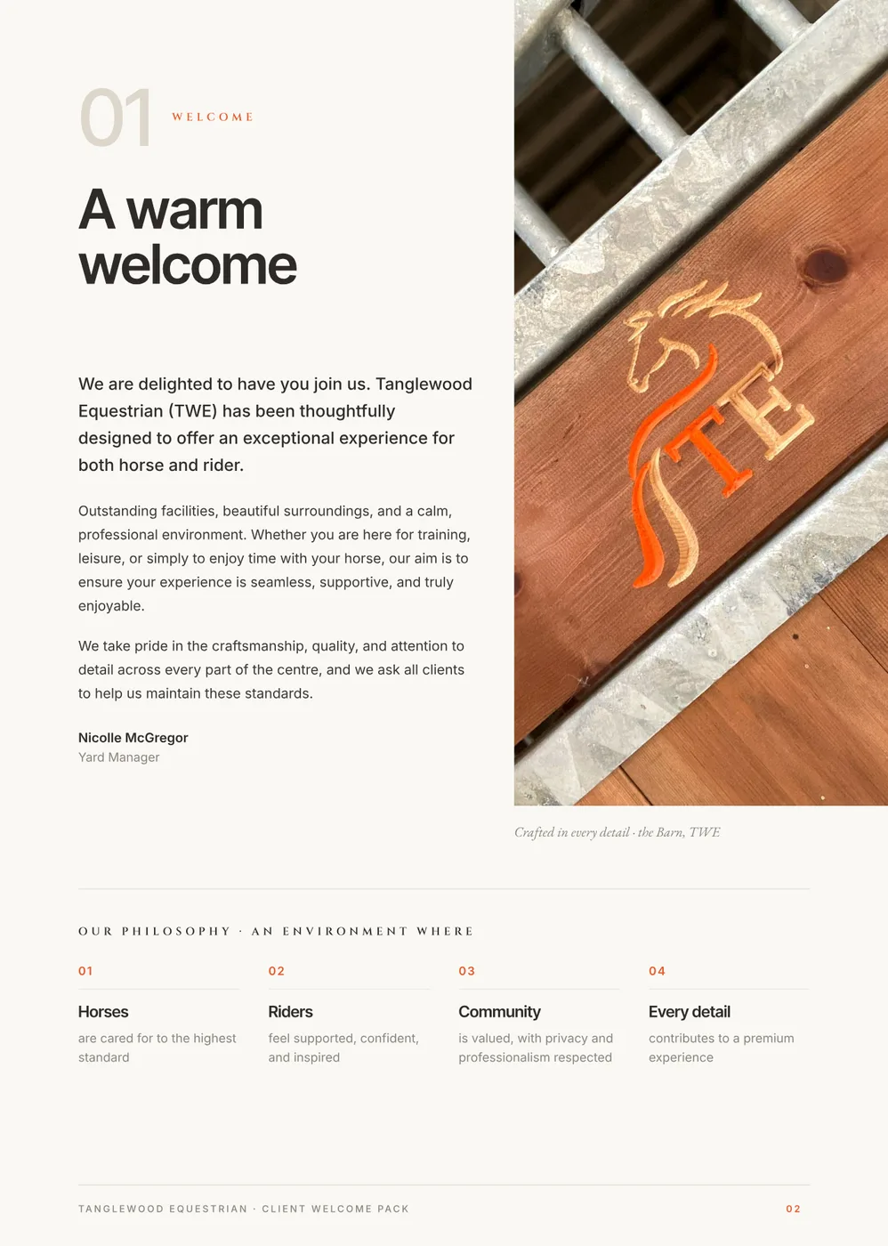 A warm welcome — the yard manager’s letter beside the carved monogram
